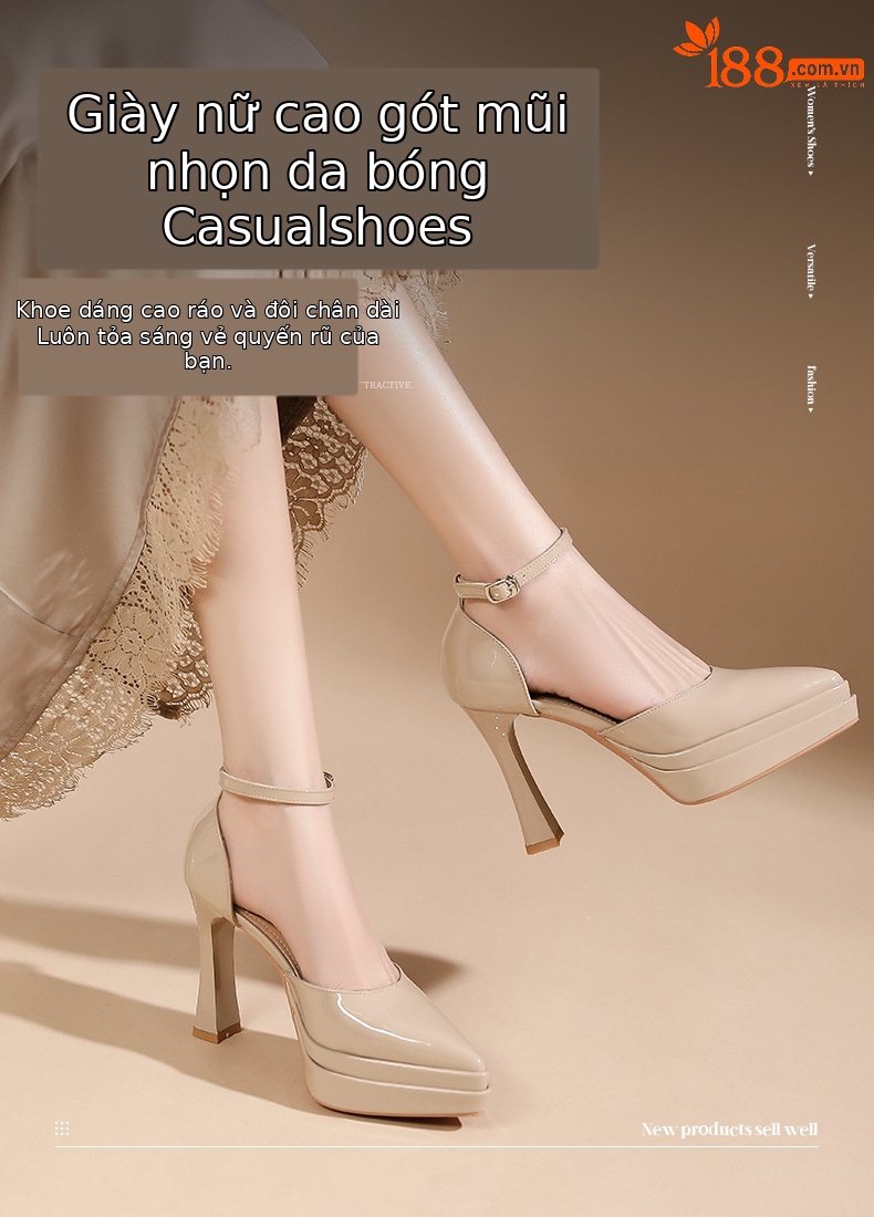 Sandal cao gót nữ mũi nhọn quai ngang khóa dây, gót 11 cm, đế platform — Màu nude - 11cm chi tiết 1