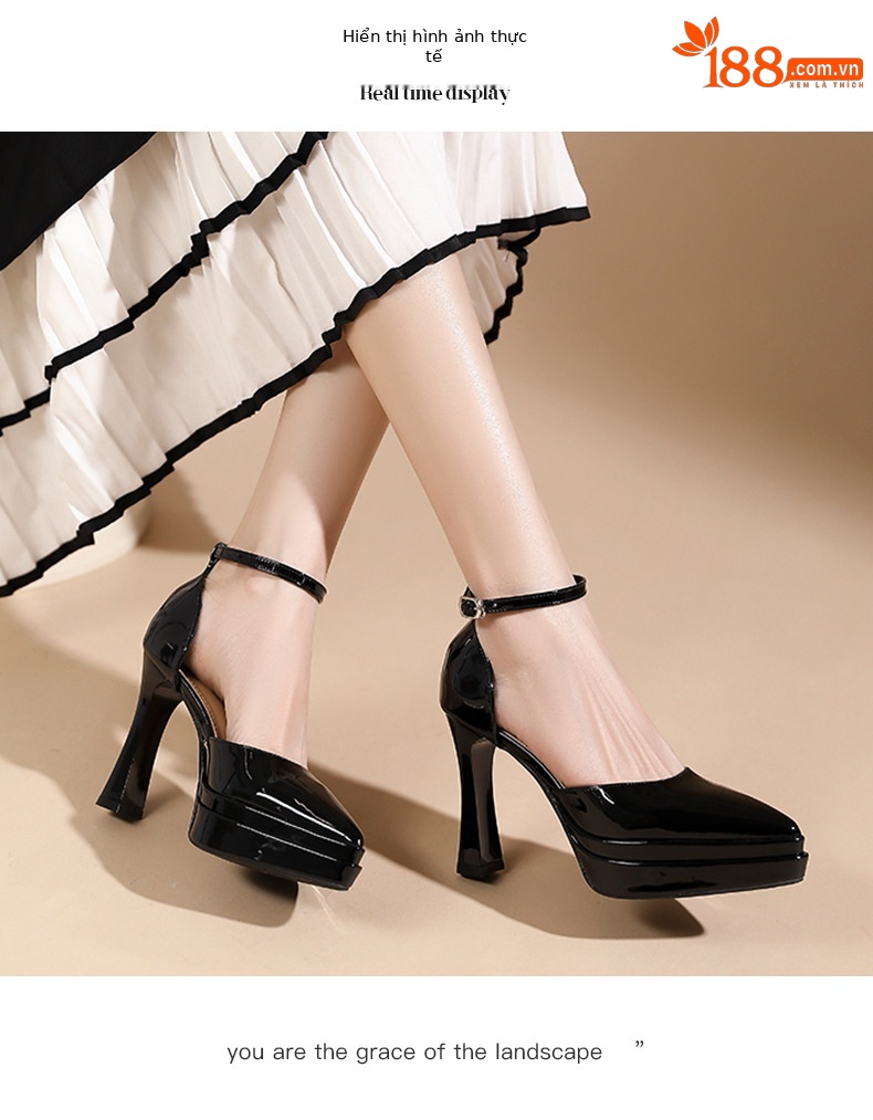Sandal cao gót nữ mũi nhọn quai ngang khóa dây, gót 11 cm, đế platform — Màu nude - 11cm chi tiết 4