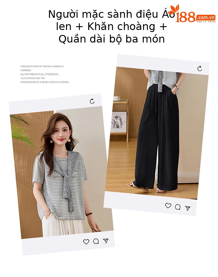 Bộ quần áo hai mảnh sọc kẻ thiết kế khăn choàng phối quần ống đứng thời trang — màu đen, màu trắng ngà chi tiết 2