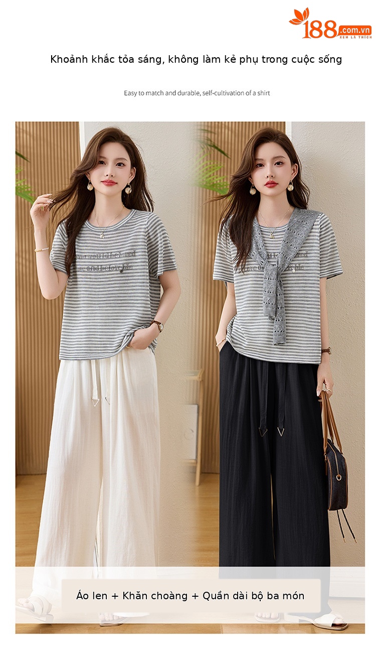 Bộ quần áo hai mảnh sọc kẻ thiết kế khăn choàng phối quần ống đứng thời trang — màu đen, màu trắng ngà chi tiết 4