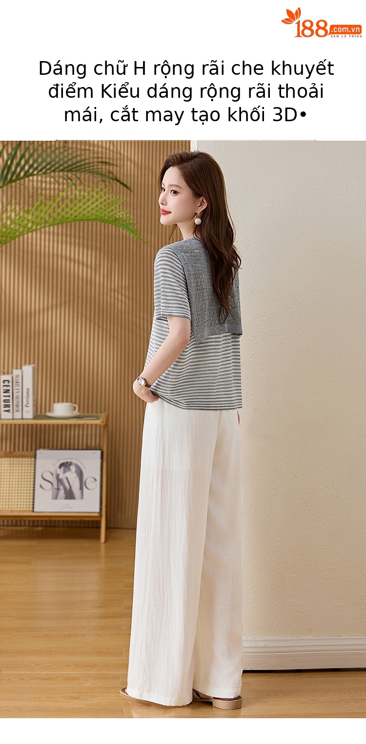 Bộ quần áo hai mảnh sọc kẻ thiết kế khăn choàng phối quần ống đứng thời trang — màu đen, màu trắng ngà chi tiết 8