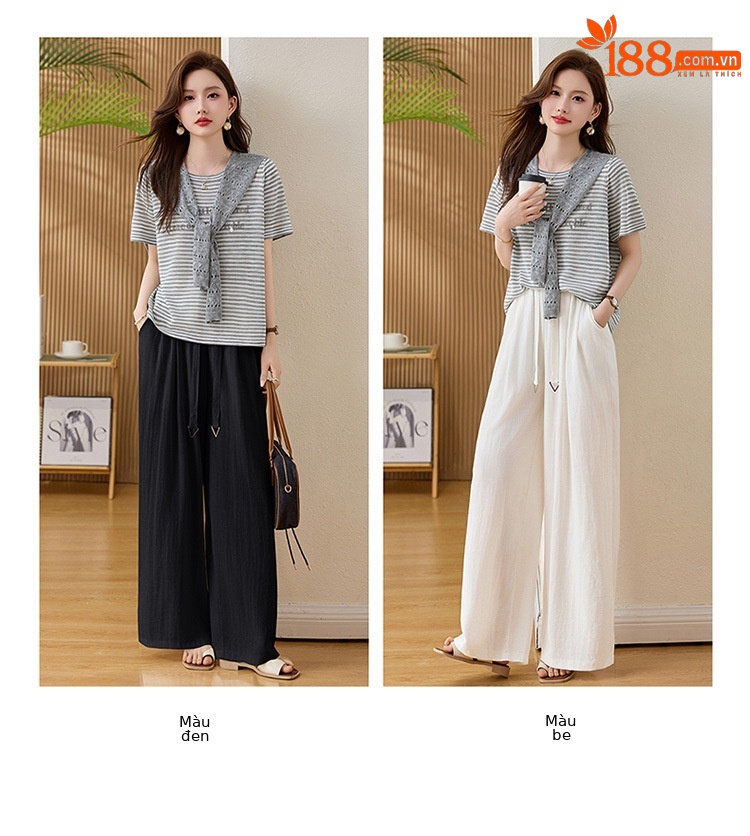 Bộ quần áo hai mảnh sọc kẻ thiết kế khăn choàng phối quần ống đứng thời trang — màu đen, màu trắng ngà chi tiết 11
