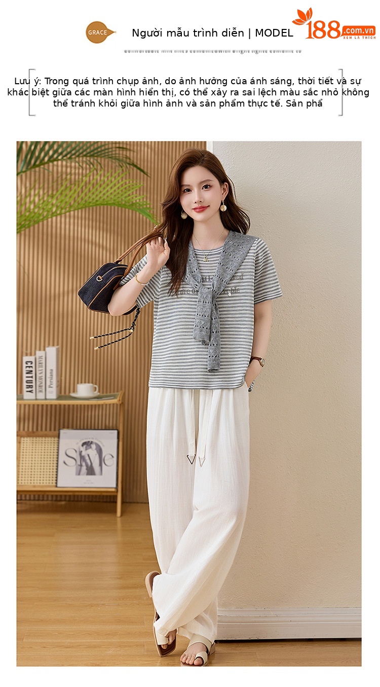 Bộ quần áo hai mảnh sọc kẻ thiết kế khăn choàng phối quần ống đứng thời trang — màu đen, màu trắng ngà chi tiết 12