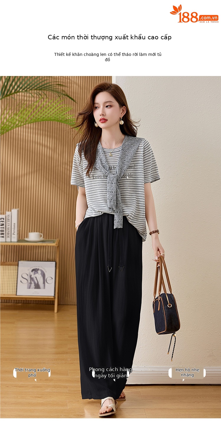 Bộ quần áo hai mảnh sọc kẻ thiết kế khăn choàng phối quần ống đứng thời trang — màu đen, màu trắng ngà chi tiết 5