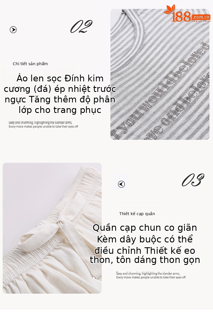 Bộ quần áo hai mảnh sọc kẻ thiết kế khăn choàng phối quần ống đứng thời trang — màu đen, màu trắng ngà chi tiết 7
