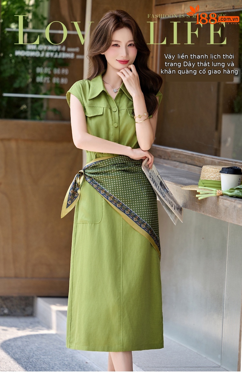 Đầm maxi nữ cổ bẻ tay ngắn dáng suông kèm khăn lụa AH8635 — Màu ảnh chi tiết 1