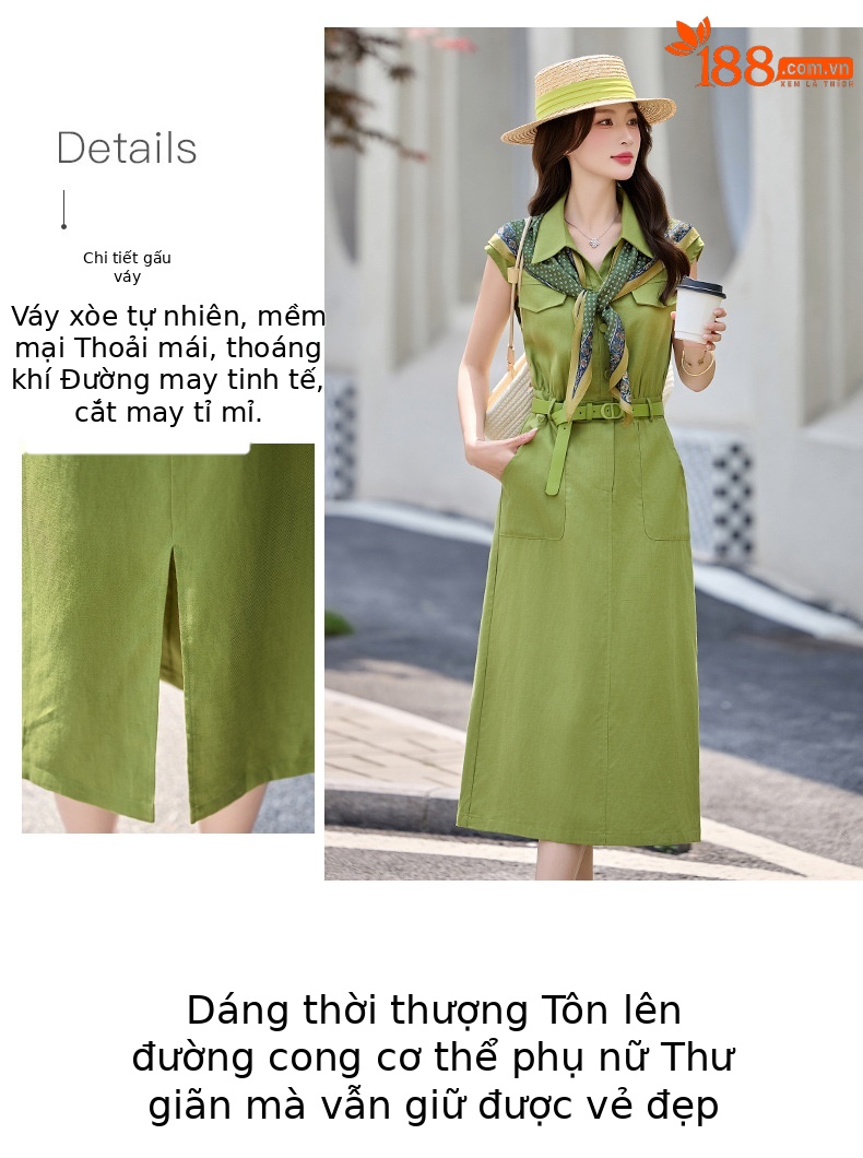 Đầm maxi nữ cổ bẻ tay ngắn dáng suông kèm khăn lụa AH8635 — Màu ảnh chi tiết 5