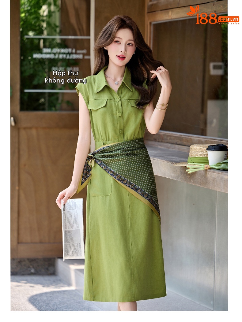 Đầm maxi nữ cổ bẻ tay ngắn dáng suông kèm khăn lụa AH8635 — Màu ảnh chi tiết 8