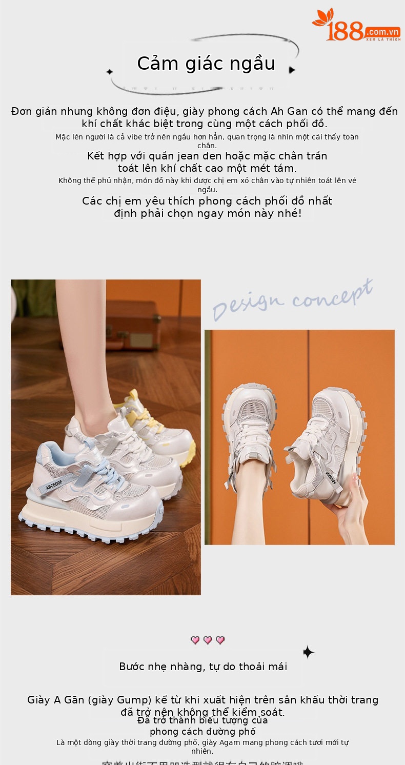 Giày sneaker nữ chunky đế dày lưới thoáng khí phong cách Forrest Gump — Xanh dương, Vàng, Trắng chi tiết 4