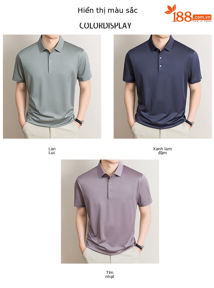 Áo polo nam tay ngắn cổ bẻ chất lụa mulberry cao cấp — Xanh lá cây nhạt8879 chi tiết 6