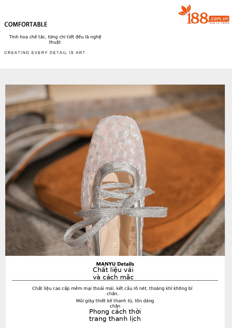Sandal cao gót nữ ren lưới hở mũi phong cách Pháp — Champagne màu chi tiết 3