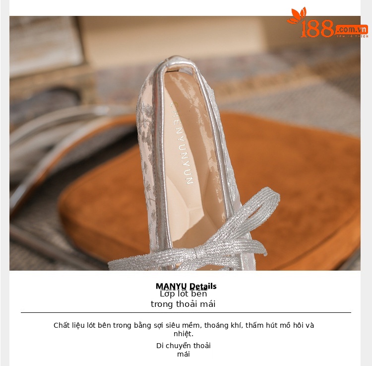 Sandal cao gót nữ ren lưới hở mũi phong cách Pháp — Champagne màu chi tiết 4