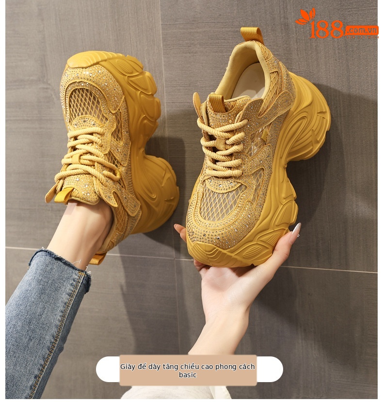 Giày sneaker nữ chunky đế dày đính đá rhinestone phong cách thể thao — màu trắng chi tiết 1