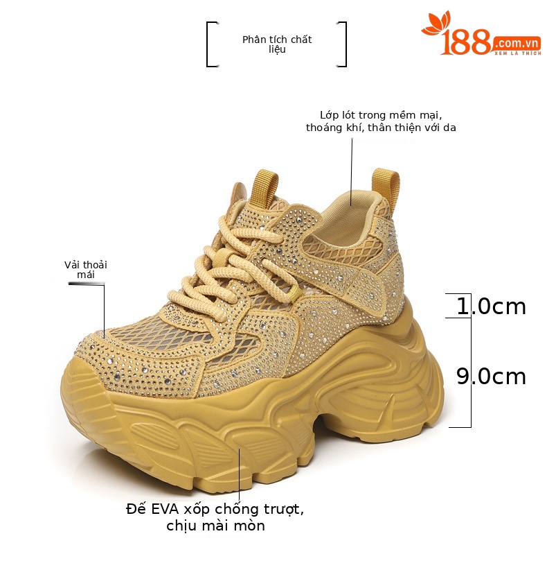 Giày sneaker nữ chunky đế dày đính đá rhinestone phong cách thể thao — màu trắng chi tiết 2