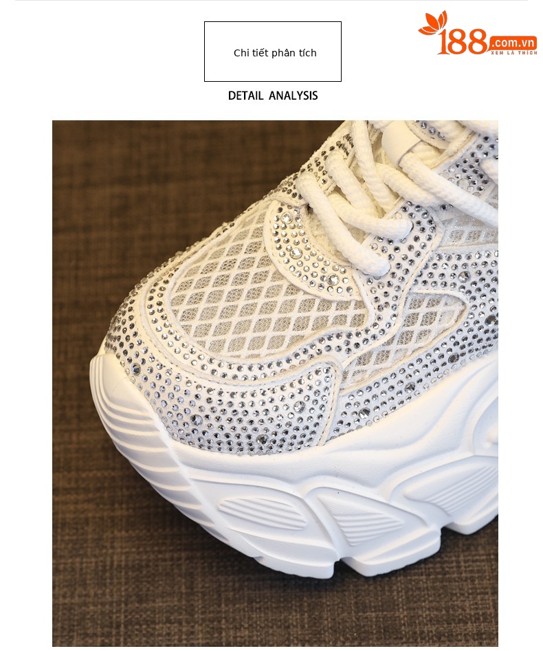 Giày sneaker nữ chunky đế dày đính đá rhinestone phong cách thể thao — màu trắng chi tiết 6