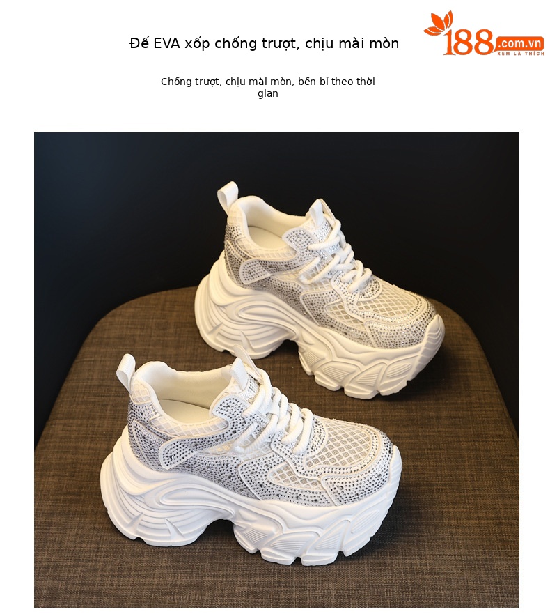Giày sneaker nữ chunky đế dày đính đá rhinestone phong cách thể thao — màu trắng chi tiết 9