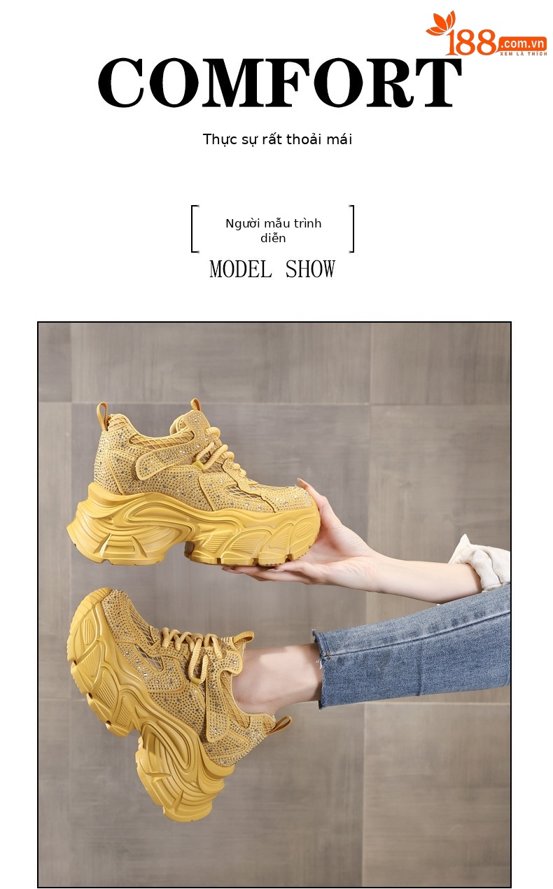 Giày sneaker nữ chunky đế dày đính đá rhinestone phong cách thể thao — màu trắng chi tiết 10