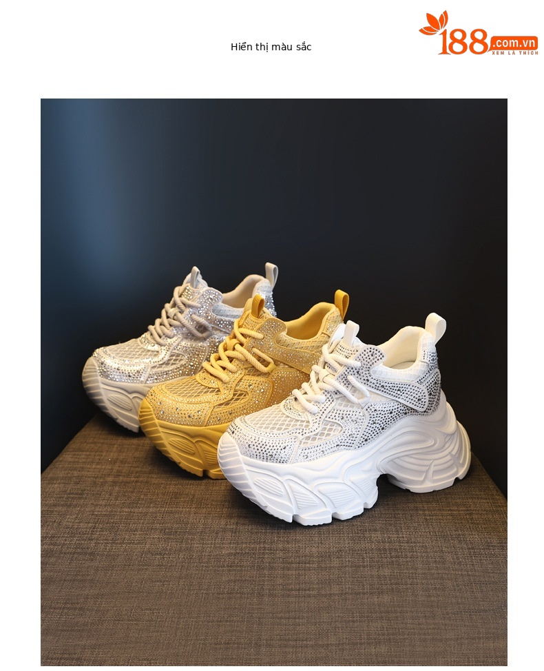 Giày sneaker nữ chunky đế dày đính đá rhinestone phong cách thể thao — màu trắng chi tiết 17