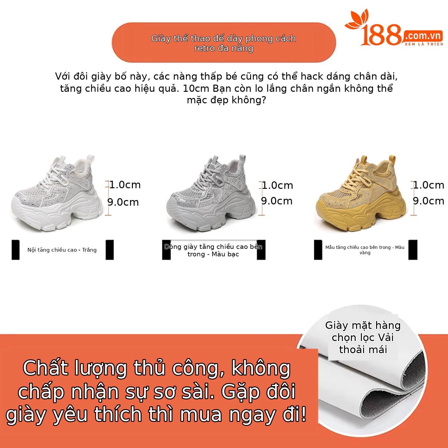 Giày sneaker nữ chunky đế dày đính đá rhinestone phong cách thể thao — màu trắng