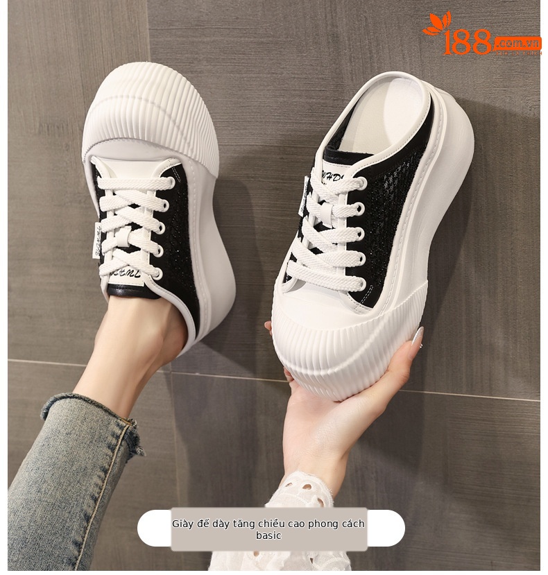 Dép sandal nữ đế dày tăng chiều cao, mũi kín pha lê, lưới thoáng khí — màu đen, màu trắng chi tiết 1