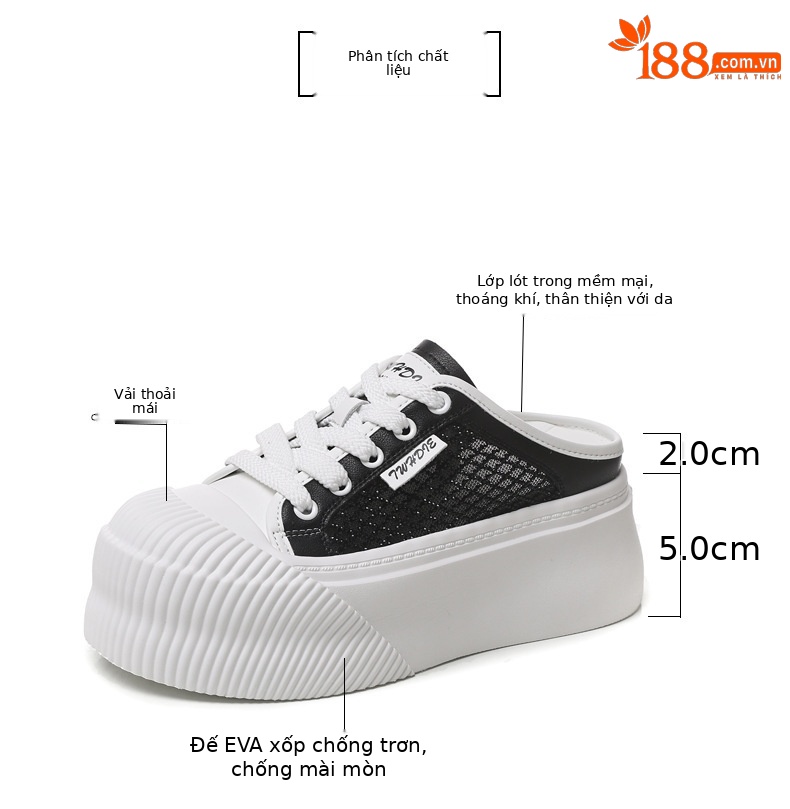 Dép sandal nữ đế dày tăng chiều cao, mũi kín pha lê, lưới thoáng khí — màu đen, màu trắng chi tiết 3