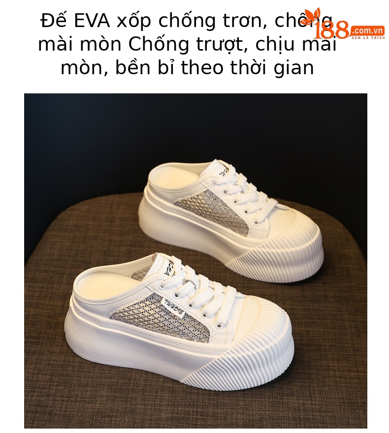 Dép sandal nữ đế dày tăng chiều cao, mũi kín pha lê, lưới thoáng khí — màu đen, màu trắng chi tiết 10