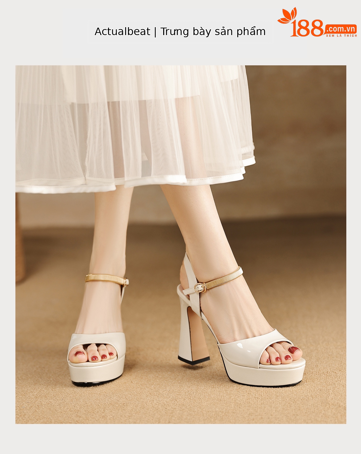 Sandal peep toe nữ quai ngang gót vuông platform đế cao 9 cm — màu đen, màu trắng ngà chi tiết 10