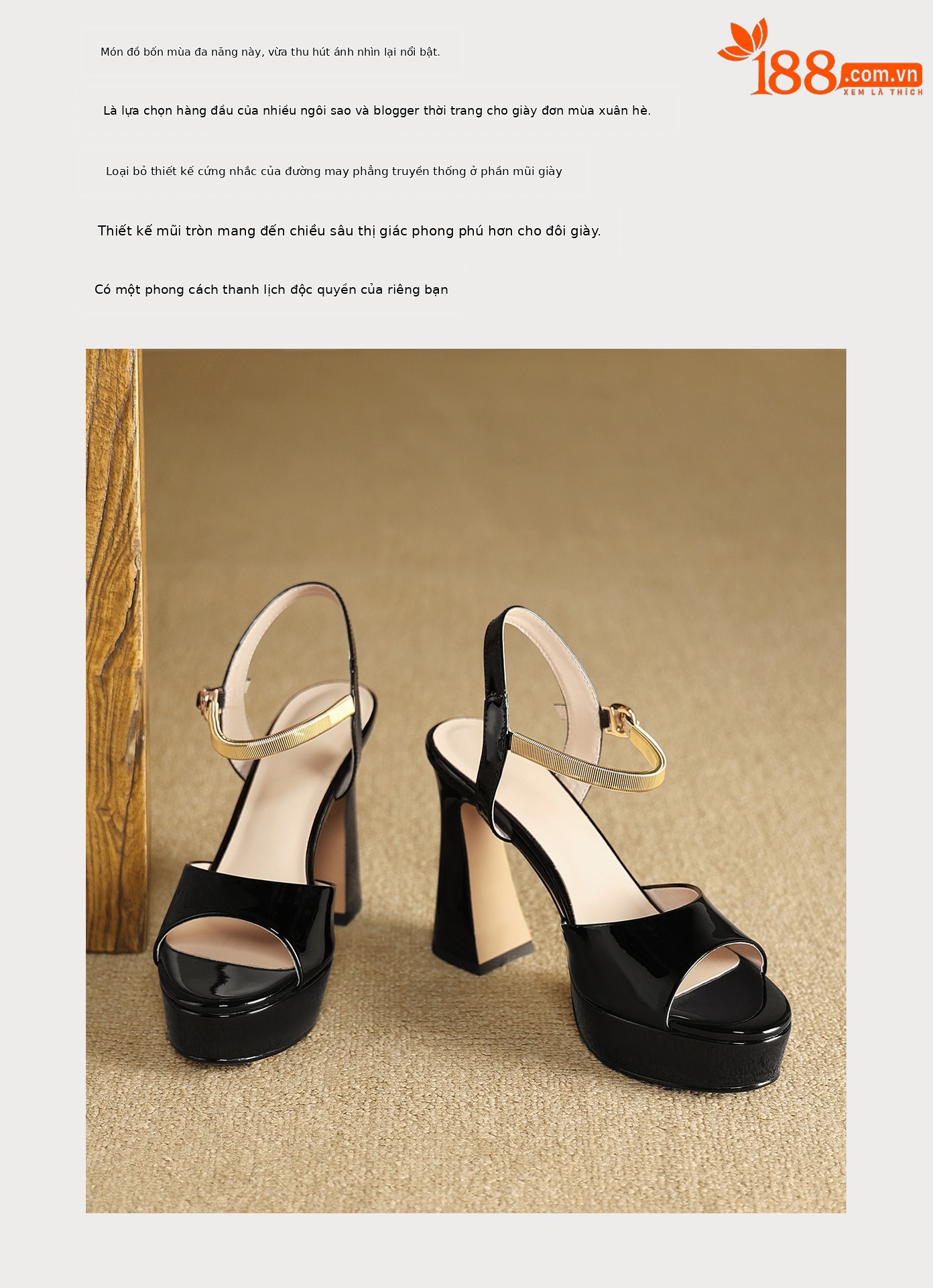 Sandal peep toe nữ quai ngang gót vuông platform đế cao 9 cm — màu đen, màu trắng ngà chi tiết 4