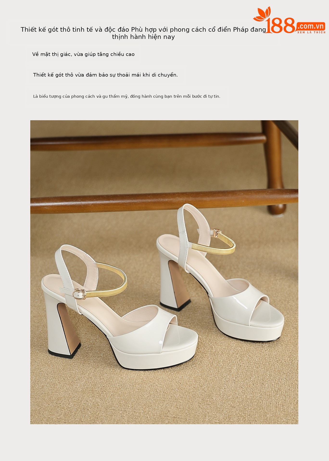 Sandal peep toe nữ quai ngang gót vuông platform đế cao 9 cm — màu đen, màu trắng ngà chi tiết 5