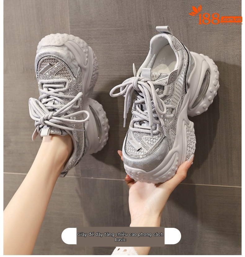 Giày sneaker nữ đế dày tăng chiều cao, mặt lưới đính đá rhinestone — Màu sắc rực rỡ bạc chi tiết 1