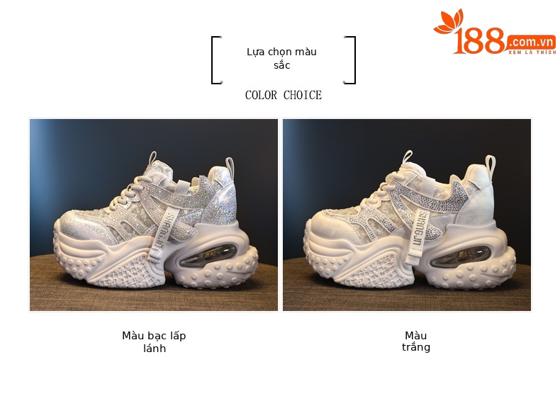 Giày sneaker nữ đế dày tăng chiều cao, mặt lưới đính đá rhinestone — Màu sắc rực rỡ bạc chi tiết 2