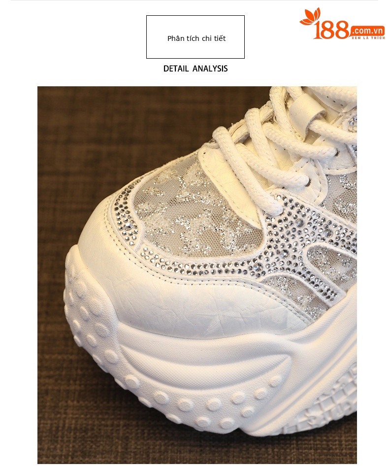 Giày sneaker nữ đế dày tăng chiều cao, mặt lưới đính đá rhinestone — Màu sắc rực rỡ bạc chi tiết 6