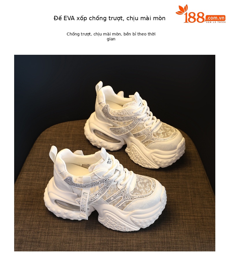 Giày sneaker nữ đế dày tăng chiều cao, mặt lưới đính đá rhinestone — Màu sắc rực rỡ bạc chi tiết 9