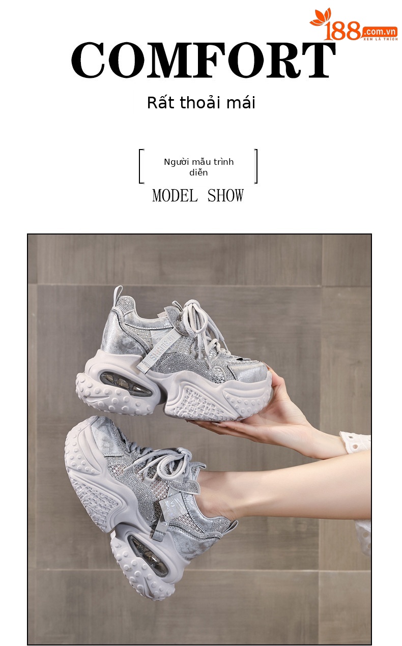 Giày sneaker nữ đế dày tăng chiều cao, mặt lưới đính đá rhinestone — Màu sắc rực rỡ bạc chi tiết 10