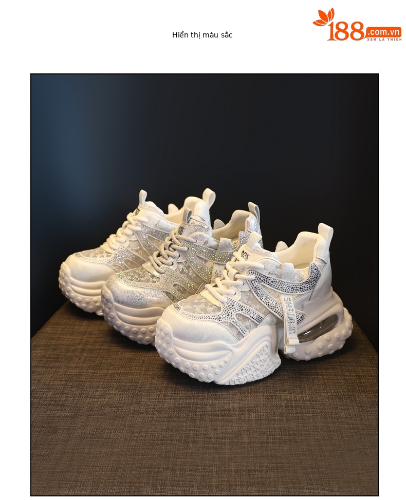 Giày sneaker nữ đế dày tăng chiều cao, mặt lưới đính đá rhinestone — Màu sắc rực rỡ bạc chi tiết 17