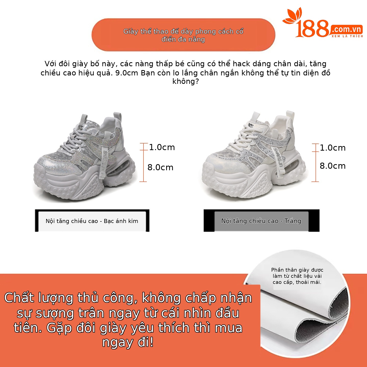Giày sneaker nữ đế dày tăng chiều cao, mặt lưới đính đá rhinestone — Màu sắc rực rỡ bạc