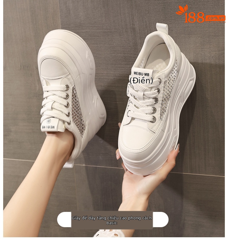 Giày sneaker nữ đế dày lưới mỏng mùa hè, tăng chiều cao bên trong, đính đá rhinestone — màu đen chi tiết 1