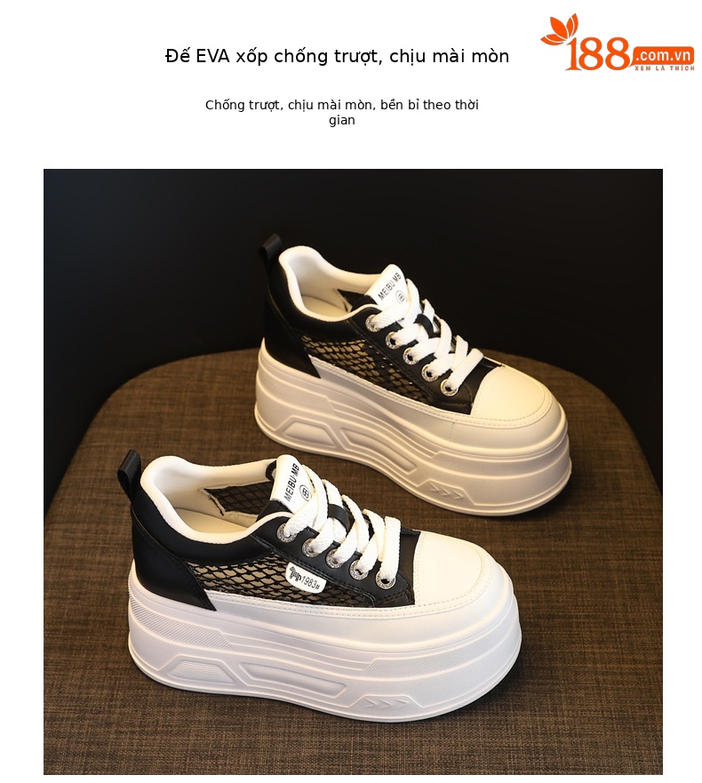 Giày sneaker nữ đế dày lưới mỏng mùa hè, tăng chiều cao bên trong, đính đá rhinestone — màu đen chi tiết 9