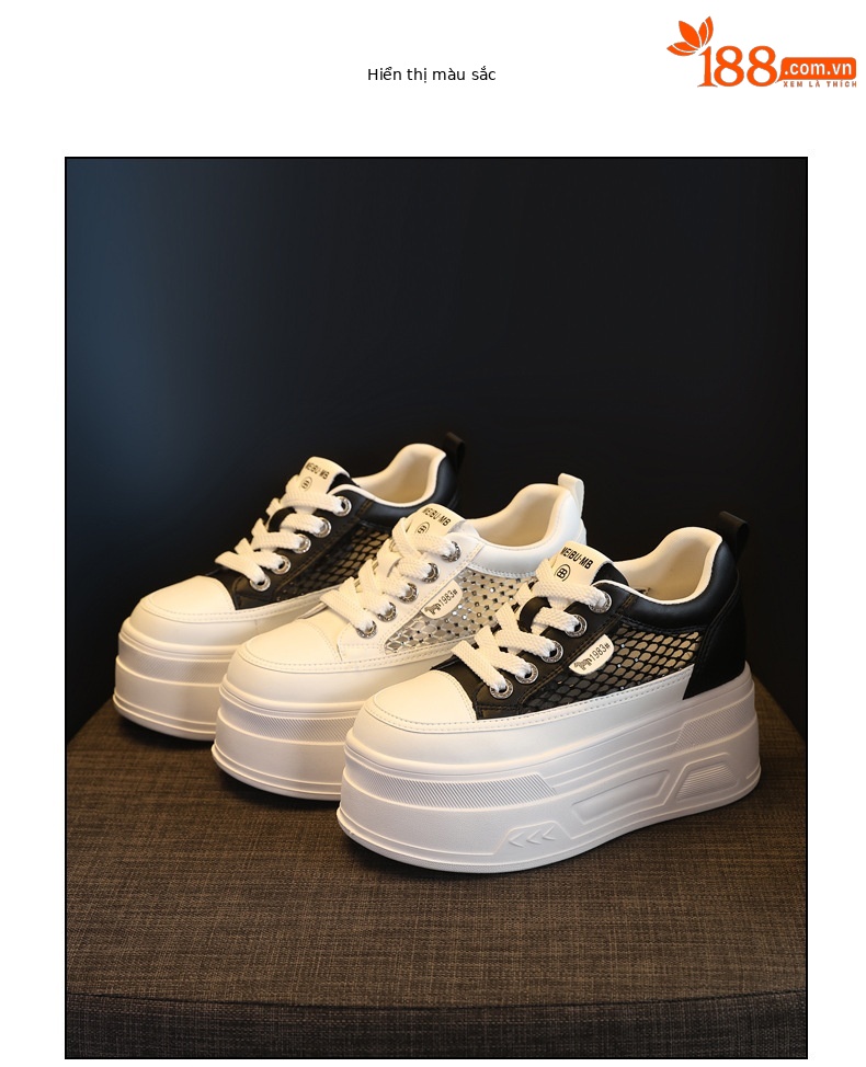 Giày sneaker nữ đế dày lưới mỏng mùa hè, tăng chiều cao bên trong, đính đá rhinestone — màu đen chi tiết 17