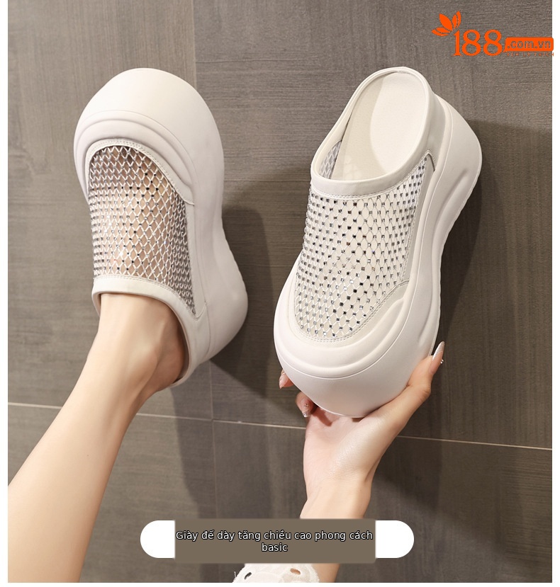 Dép sandal nữ đế dày tăng chiều cao, mũi kín đính đá rhinestone, phong cách bánh xốp mùa hè — màu đen, màu trắng chi tiết 1