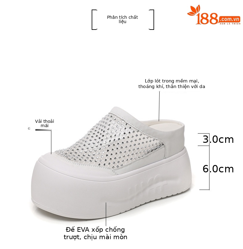 Dép sandal nữ đế dày tăng chiều cao, mũi kín đính đá rhinestone, phong cách bánh xốp mùa hè — màu đen, màu trắng chi tiết 3