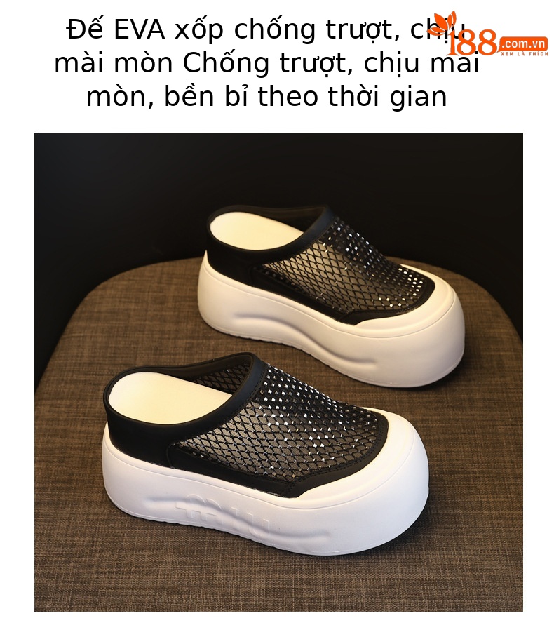 Dép sandal nữ đế dày tăng chiều cao, mũi kín đính đá rhinestone, phong cách bánh xốp mùa hè — màu đen, màu trắng chi tiết 10
