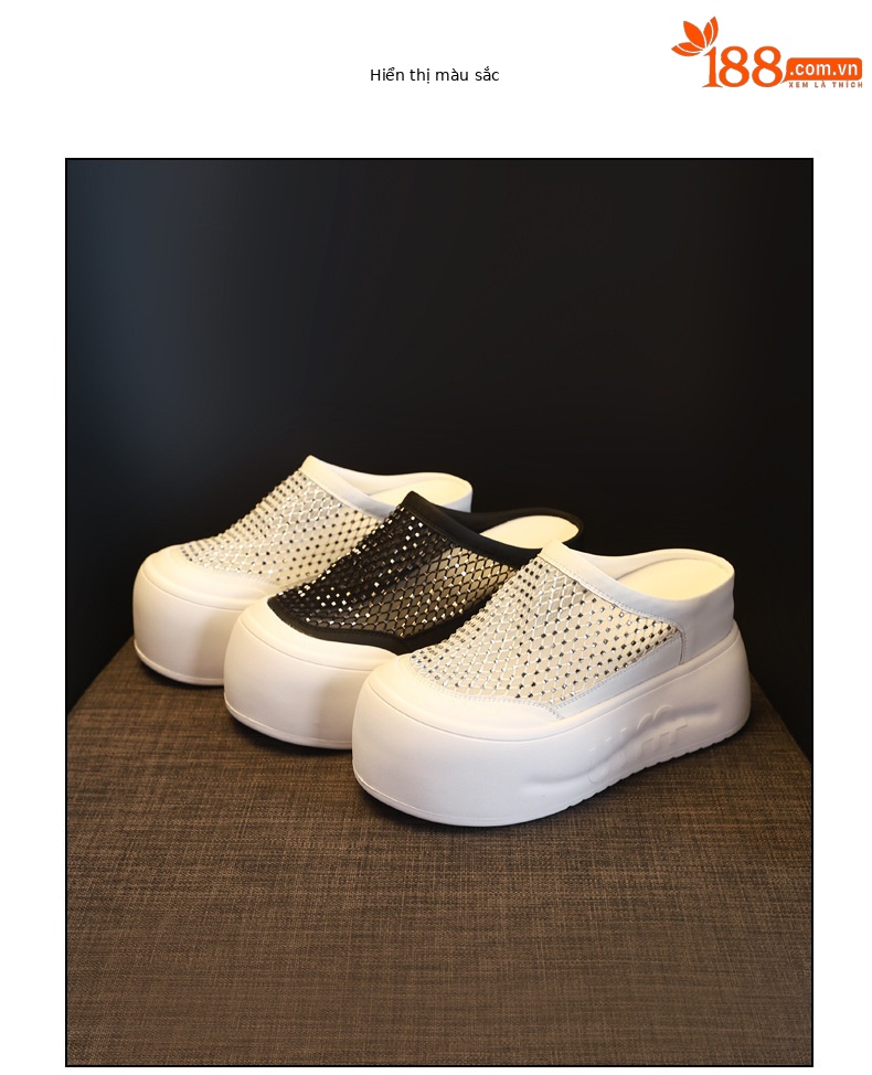 Dép sandal nữ đế dày tăng chiều cao, mũi kín đính đá rhinestone, phong cách bánh xốp mùa hè — màu đen, màu trắng chi tiết 18