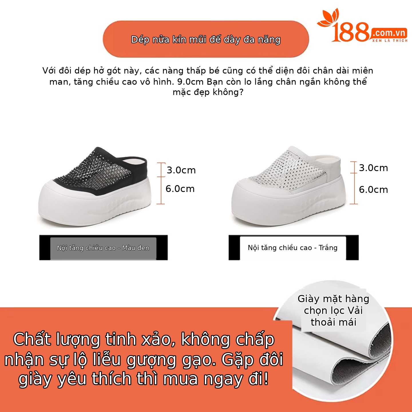 Dép sandal nữ đế dày tăng chiều cao, mũi kín đính đá rhinestone, phong cách bánh xốp mùa hè — màu đen, màu trắng