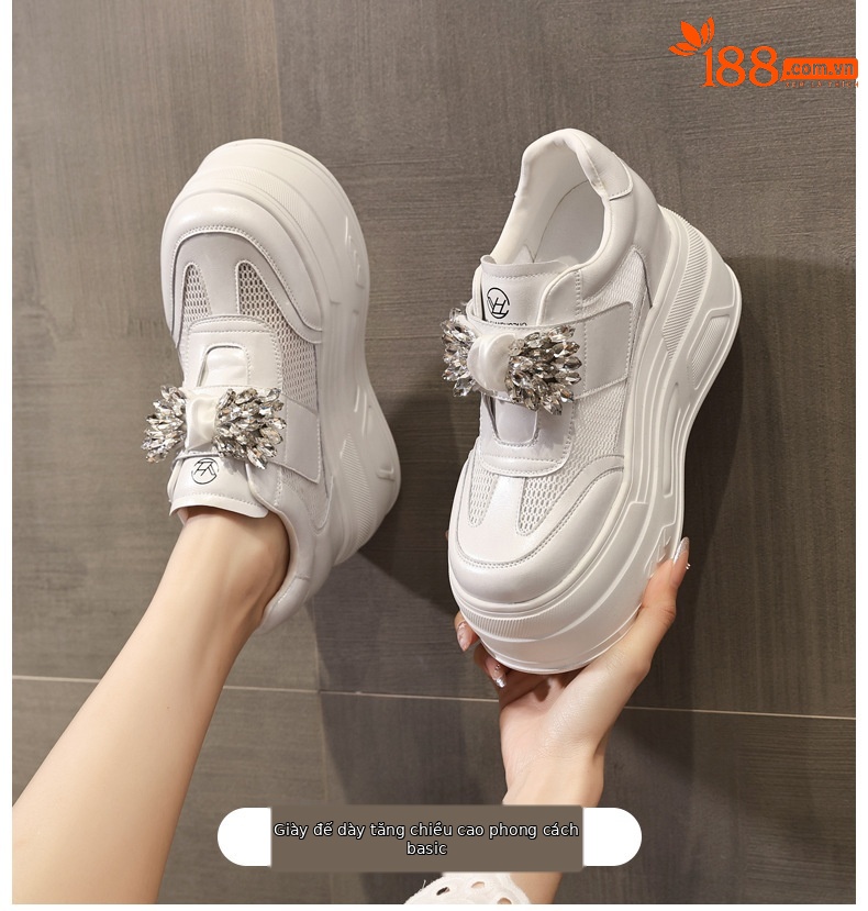 Giày sneaker nữ đế dày tăng chiều cao, mặt lưới thoáng khí, đính đá rhinestone — màu trắng chi tiết 1