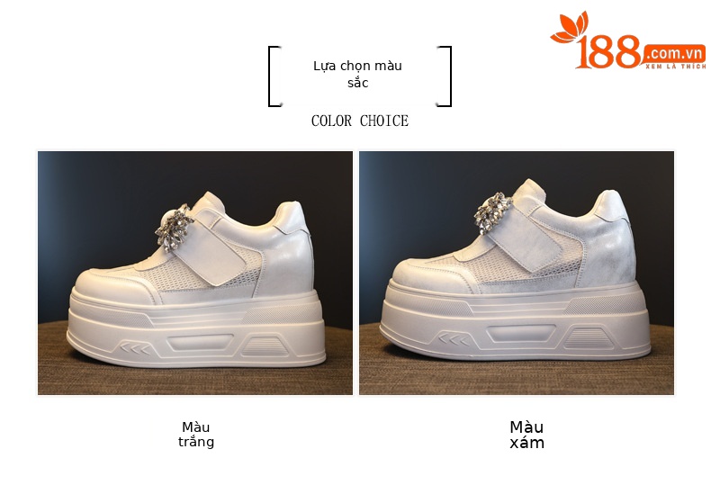 Giày sneaker nữ đế dày tăng chiều cao, mặt lưới thoáng khí, đính đá rhinestone — màu trắng chi tiết 2