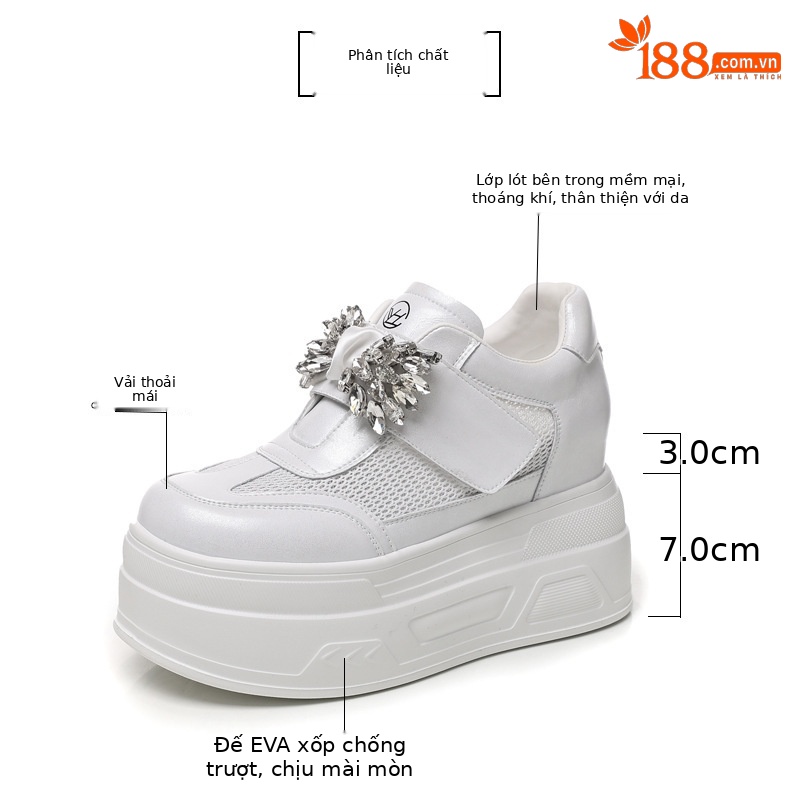 Giày sneaker nữ đế dày tăng chiều cao, mặt lưới thoáng khí, đính đá rhinestone — màu trắng chi tiết 3