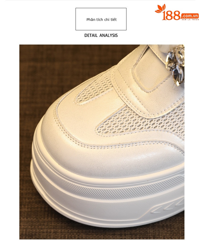 Giày sneaker nữ đế dày tăng chiều cao, mặt lưới thoáng khí, đính đá rhinestone — màu trắng chi tiết 7