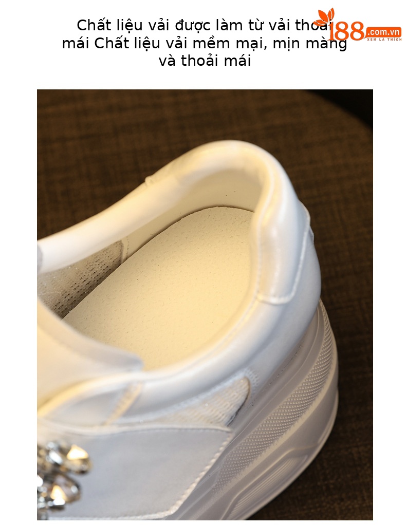 Giày sneaker nữ đế dày tăng chiều cao, mặt lưới thoáng khí, đính đá rhinestone — màu trắng chi tiết 8