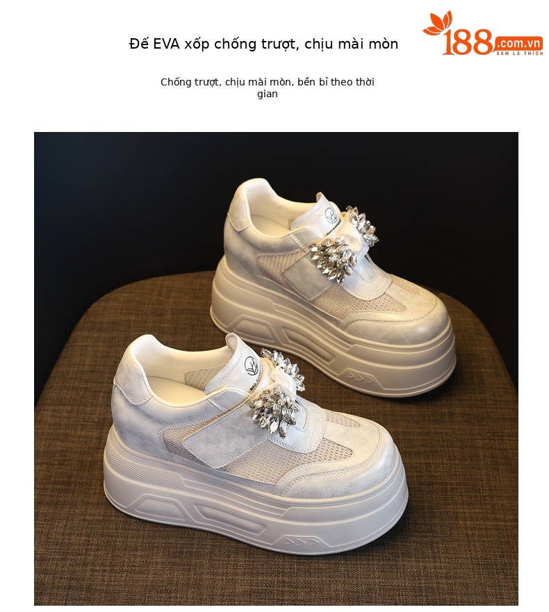 Giày sneaker nữ đế dày tăng chiều cao, mặt lưới thoáng khí, đính đá rhinestone — màu trắng chi tiết 10